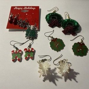 Vintage Christmas Earrings Wreath Snowflakes Candy Canes Red Green
